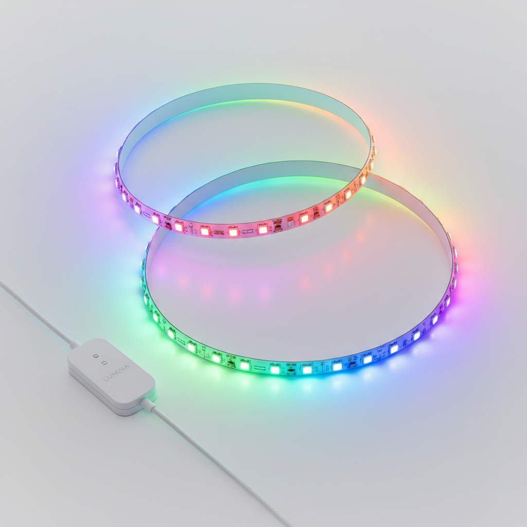 Smart RGB LED strip light on white background showing colorful glow