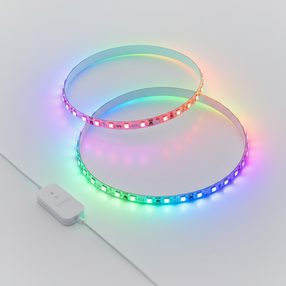 Smart RGB LED strip light on white background showing colorful glow