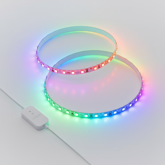 Smart RGB LED strip light on white background showing colorful glow
