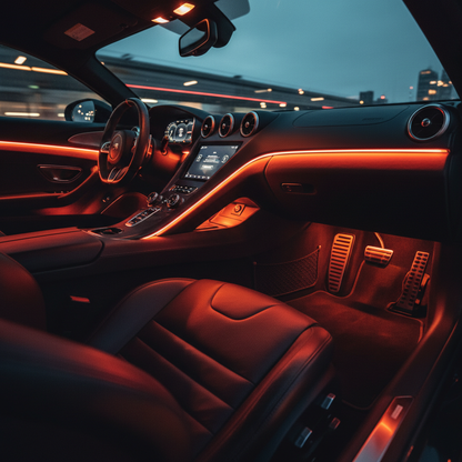 Smart LED strip lights along car door panels with red and orange glow