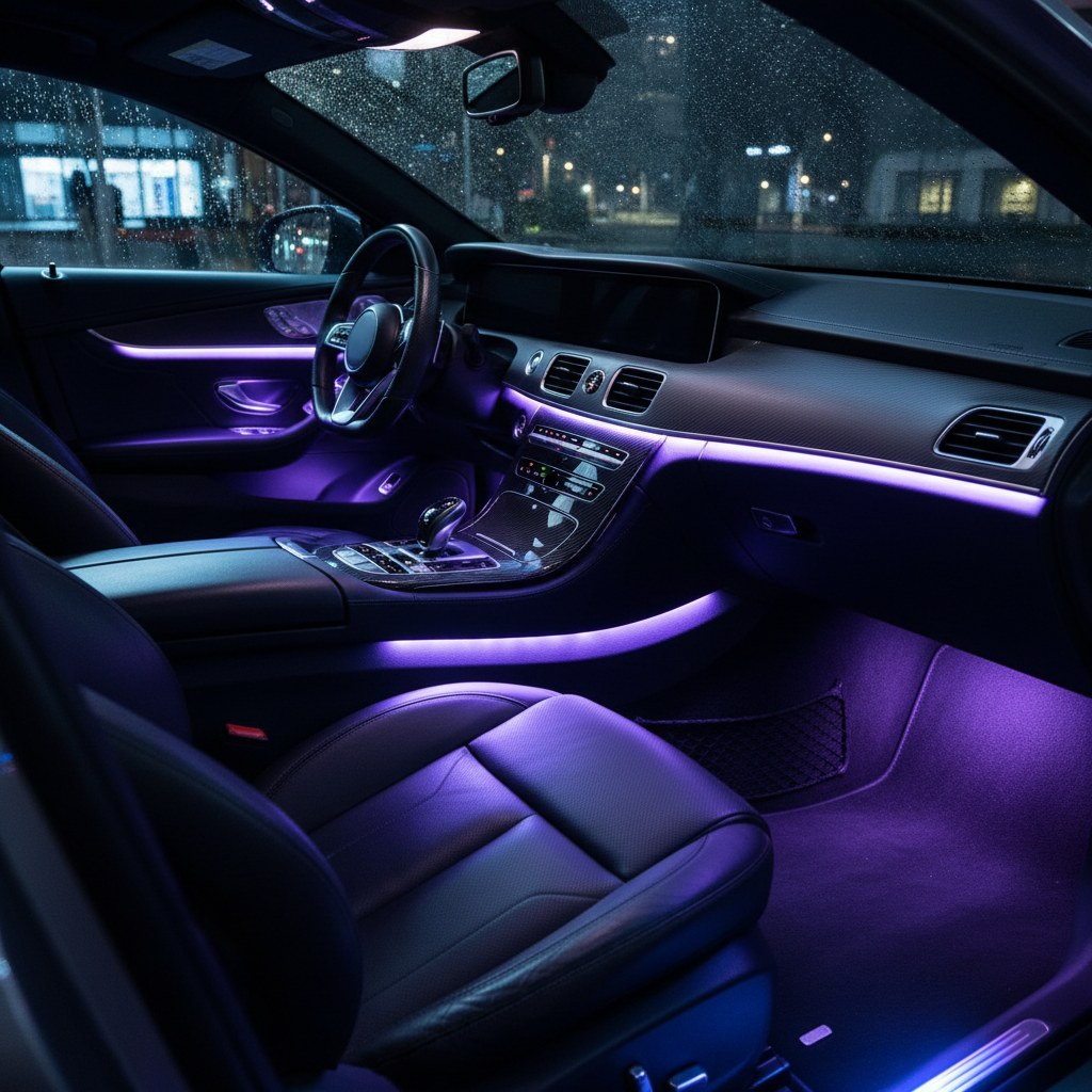 Smart LED strip lights in car interior with blue and purple ambient lighting