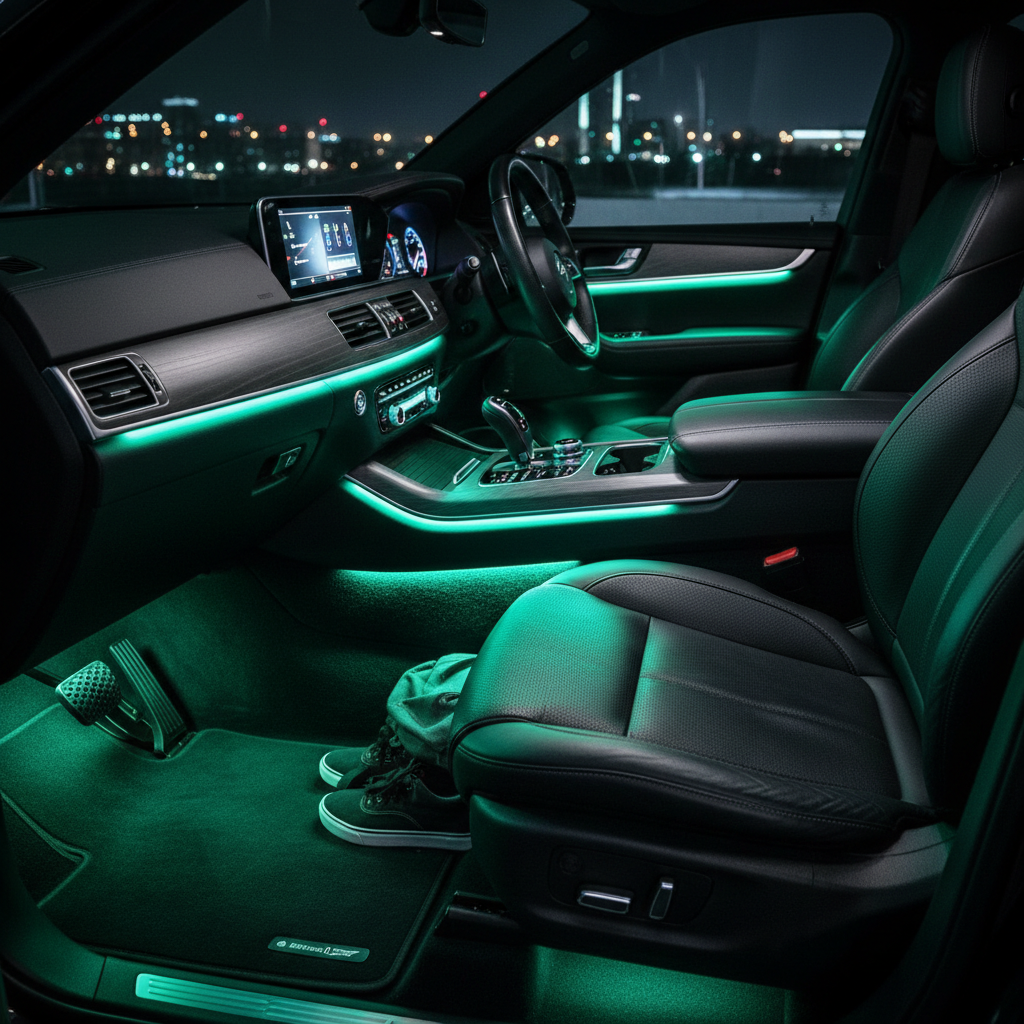 Smart LED strip lights under car seats with green and teal ambient glow