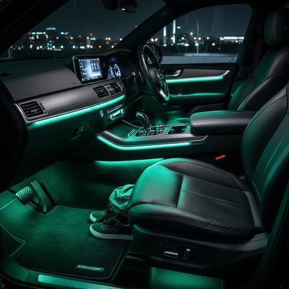 Smart LED strip lights under car seats with green and teal ambient glow